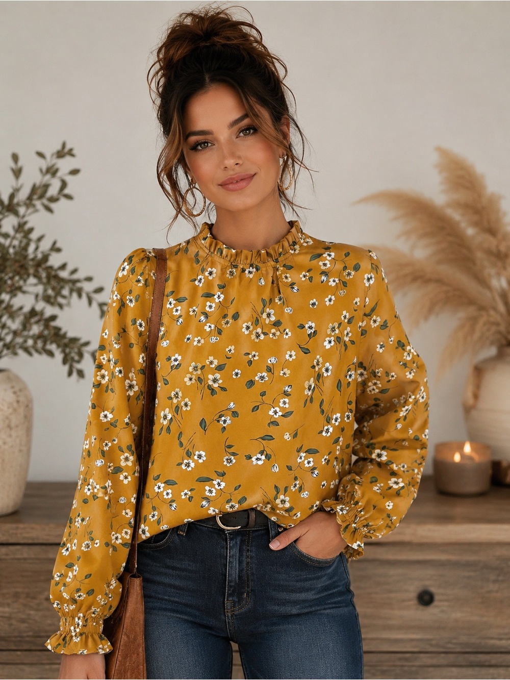 SHEIN Mustard Floral Ruffle Neck Long Sleeve Blouse Size Large Preloved A30